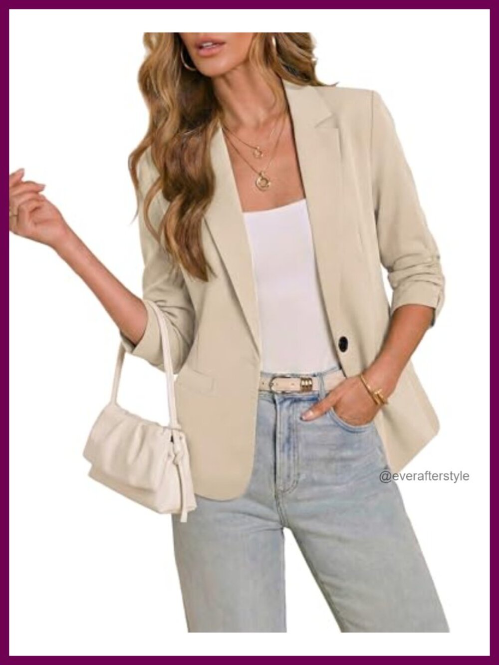 Womens Lightweight 3/4 Sleeve Button Up Blazer Business Casual Fitted Jacket